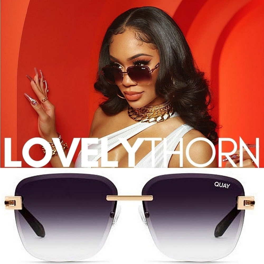 QUAY // ltd ed saweetie 90s retro-inspired rimless square gold smoke fade lens